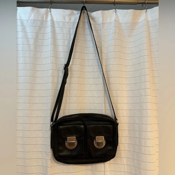 Fossil Cow Hide Leather Black Pocket Buckle Y2K Full Zip Crossbody Bag - Picture 8 of 8